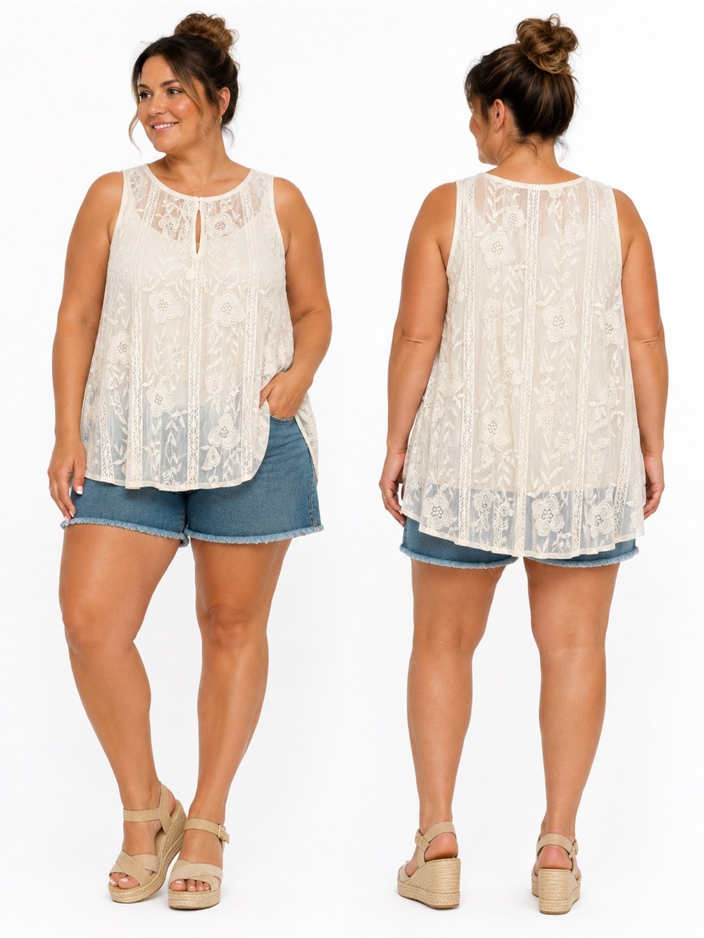 Lane Bryant White Cotton Lace Sleeveless Keyhole Tank Top with Cami